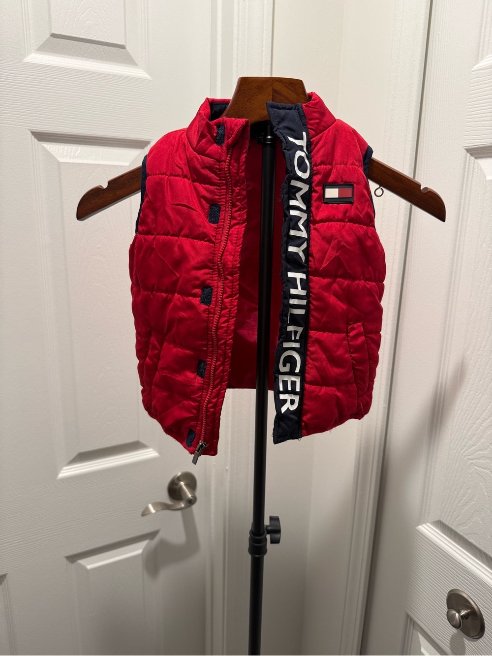 Tommy Hilfiger Red Quilted Puffer Vest with Navy Trim